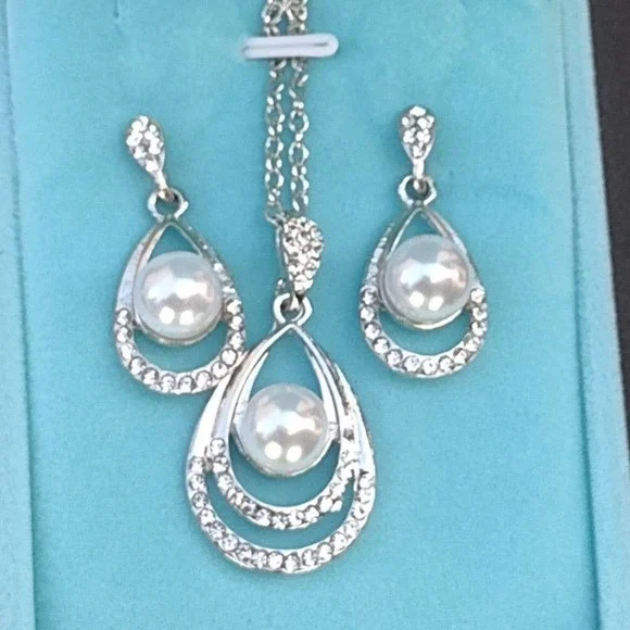 Pearl Necklace Teardrop Zirconia Rhinestone Drop Earrings Necklace Jewelry Sets - Picture 3 of 14